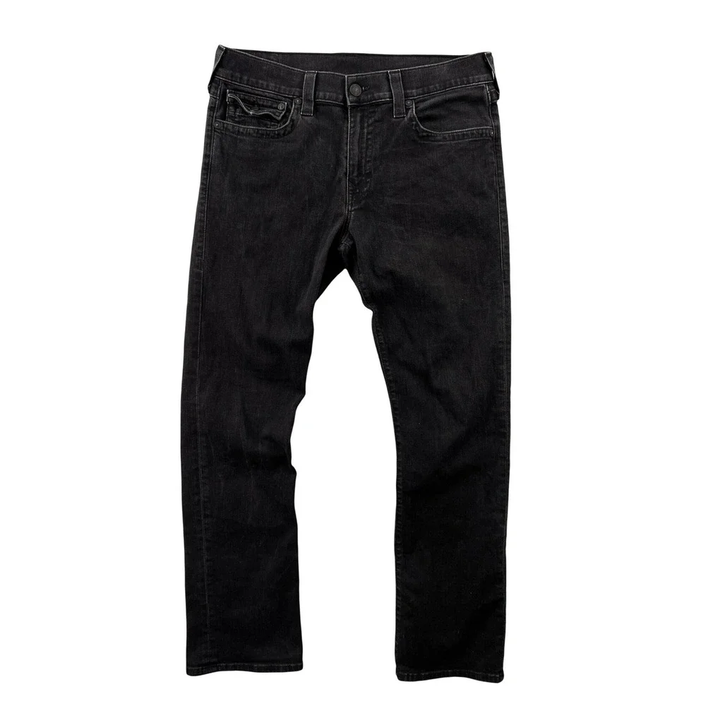 True Religion Ricky Relaxed Straight Jeans Mens 36x31 Black USA Made Denim Flaps